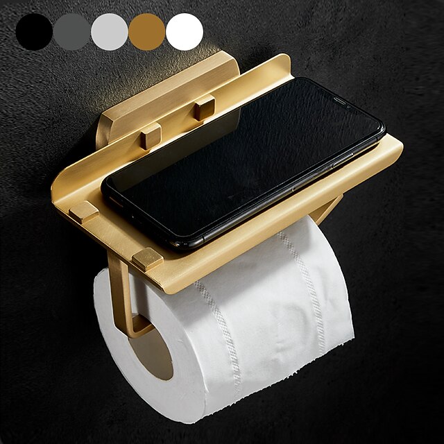 Toilet Paper Holder with Phone Shelf Wall Mounted, Brass Copper