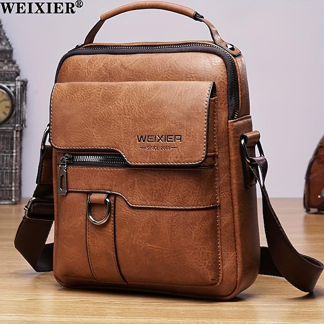  WEIXIER Crossbody Bag Men's Shoulder Bag Vintage Leather Vertical Hand Business Men's Casual Leather Bag Satchel Bag For Men