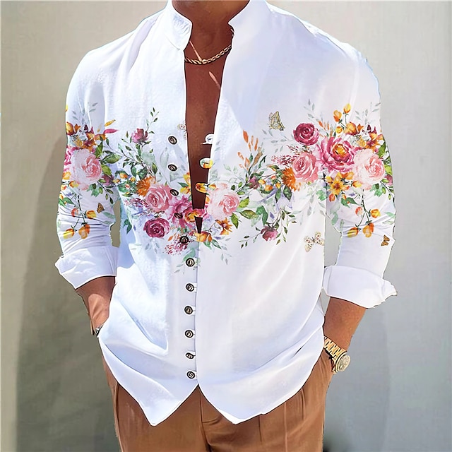  Men's Shirt Stand Collar Floral Graphic Prints Yellow Red Blue Purple Green Outdoor Street Print Long Sleeve Clothing Apparel Fashion Designer Casual Comfortable