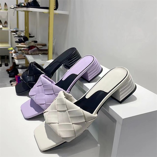  Women's Sandals Comfort Shoes Daily Beach Solid Color Summer Square Toe Elegant Casual Microfiber Loafer White Purple Black+White
