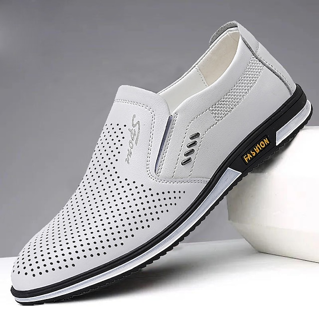  Hombre Zapatos de taco bajo y Slip-On Zapatos Confort Casual Oficina y carrera Microfibra Transpirable Cómodo Mocasín Negro Blanco Verano