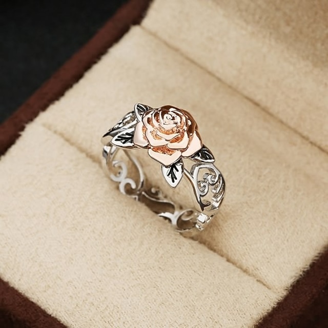  14k květinový prsten z růžového zlata evropský a americký vintage pozlacený 925 stříbrný dělený zásnubní prsten