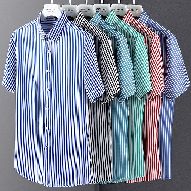 Men's Dress Shirt Striped Shirt Non Iron Shirt Stripe Wedding Vacation Black Light Green Red Royal Blue Short Sleeve Turndown All Seasons Clothing Apparel Button-Down 13