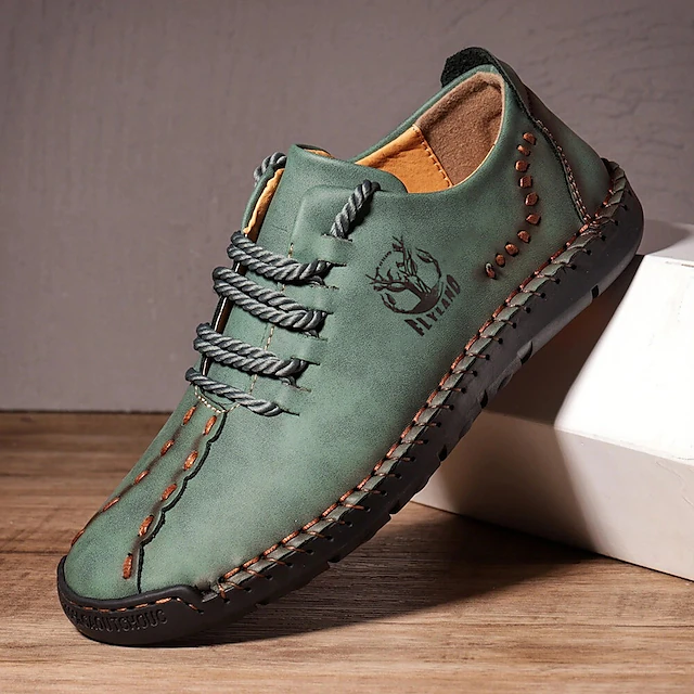 Men's Green Faux Leather Lace-Up Casual Shoes β Handcrafted Stitching, Comfortable Fit, and Vintage Style for Everyday Wear 37