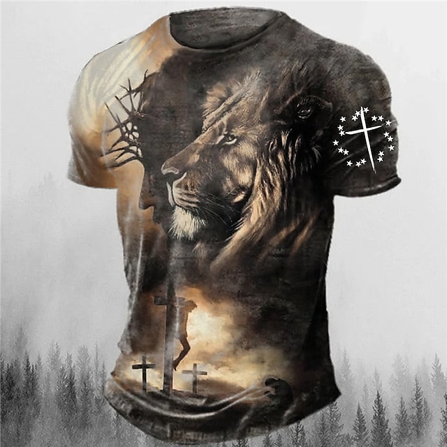 Herre T-shirt Grafisk Dyr Løve Tro Rund hals Tøj 3D-udskrivning udendørs Daglig Kortærmet Trykt mønster Årgang Mode Designer