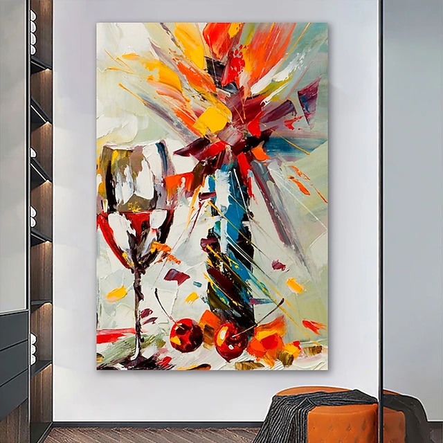  Pintura al óleo hecha a mano pintada a mano arte de la pared abstracto bodegón copa de vino decoración del hogar decoración marco estirado listo para colgar