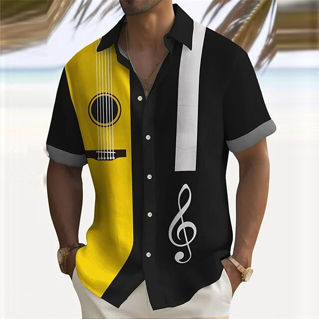 Men's Boardmasters Striped Music Shirt Button Up Shirt Short Sleeve Fashion Streetwear Designer Daily Going out Weekend Summer Spring Turndown Print Yellow Navy Blue Orange 9