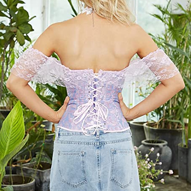 Women Floral Lace Off Shoulder Overbust Corset Bustier Boned Overbust Corset Bodyshaper Lingerie