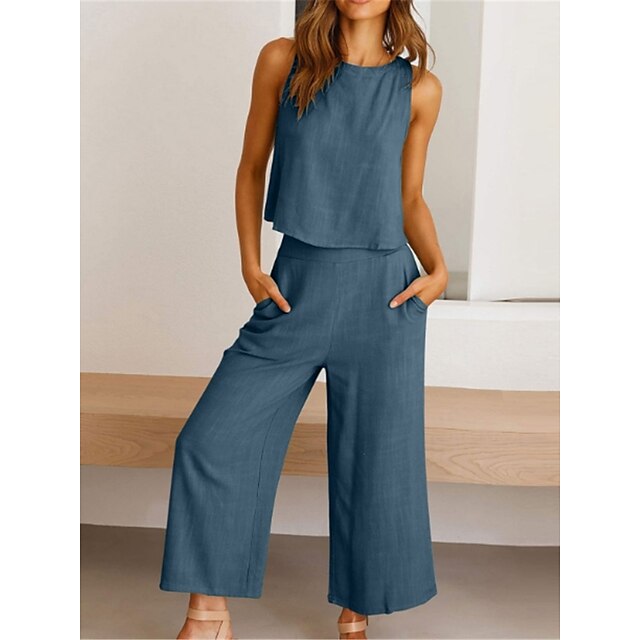  Women's Loungewear Sets Simple Casual Comfort Pure Color Cotton And Linen Street Daily Crew Neck Breathable Tank Top Sleeveless Pant Summer Spring Lake blue White