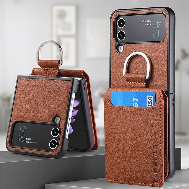  Phone Case For Samsung Galaxy Z Flip 5 Z Flip 4/3/2 Back Cover Flip With Card Holder Kickstand Solid Colored PC PU Leather