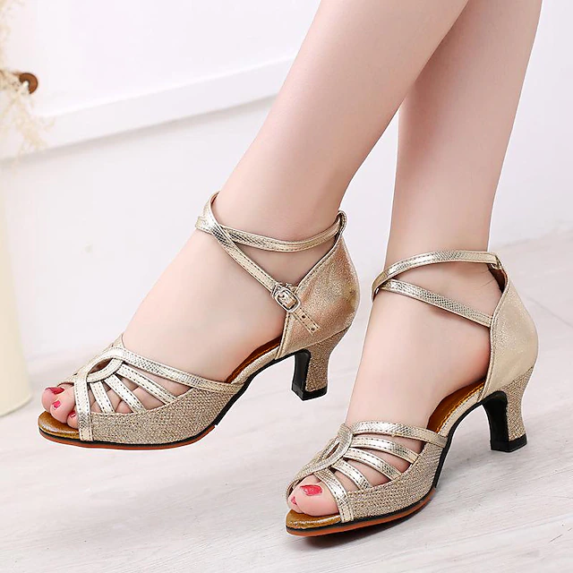 Women's Gold Glitter Latin Dance Shoes – Strappy Open-Toe Heels with Ankle Strap for Ballroom & Salsa Performance 6