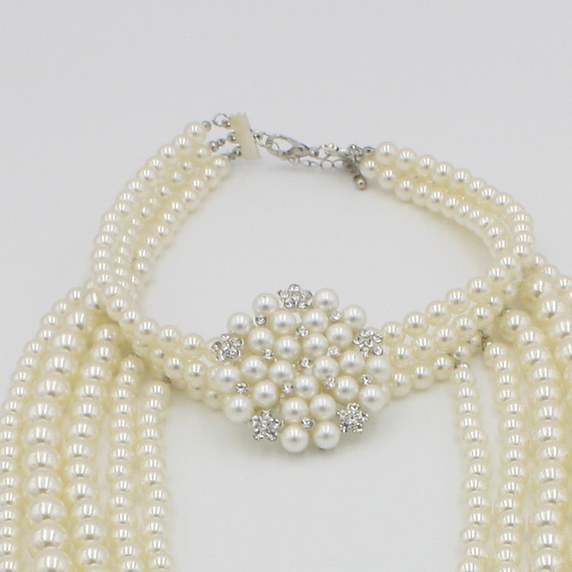 Multi-Strand Faux Pearl Choker Necklace & Earrings Set – Vintage 1920s Flapper Style Layered Pearls For Party, Wedding & Costume