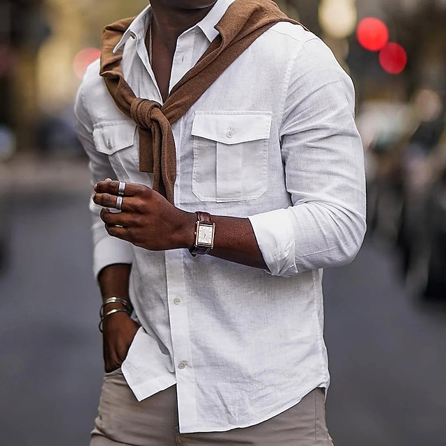  Men's Shirt Cotton Linen Shirt White Cotton Shirt Summer Shirt Beach Shirt Plain Hawaiian Holiday Black White Blue Khaki Long Sleeve Lapel Spring & Summer Clothing Apparel Pocket