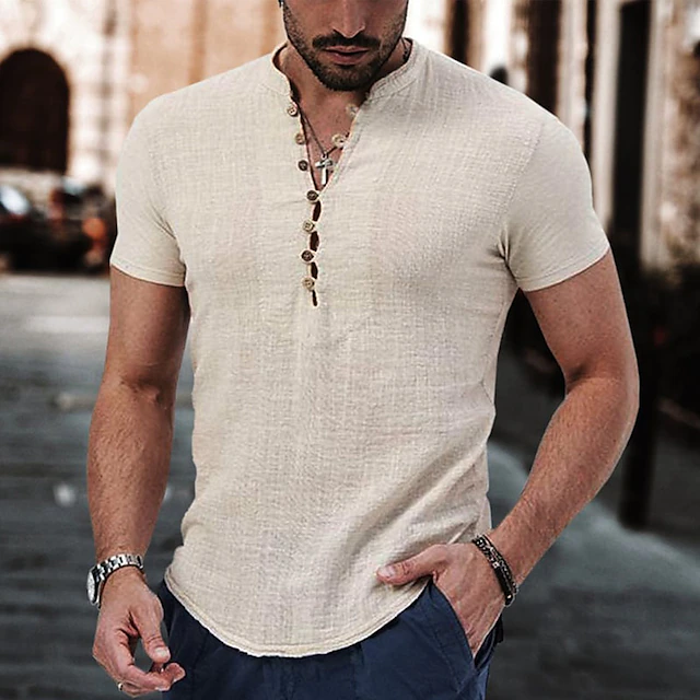 Men's Linen Shirt Popover Shirt Summer Shirt Beach Wear Casual Shirt ...