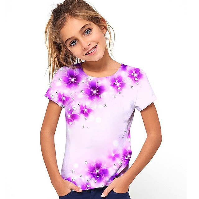  kinderkleidung Mädchen T-Shirt Graphic Outdoor 3D-Druck Kurzarm Rundhalsausschnitt Aktiv 7-13 Jahre Sommer Purpur