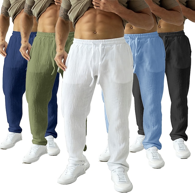  Men's Linen Pants Trousers Summer Pants Beach Pants Plain Drawstring Elastic Waist Straight Leg Comfort Breathable Linen / Cotton Blend Casual Daily Holiday Fashion Classic Style Black White