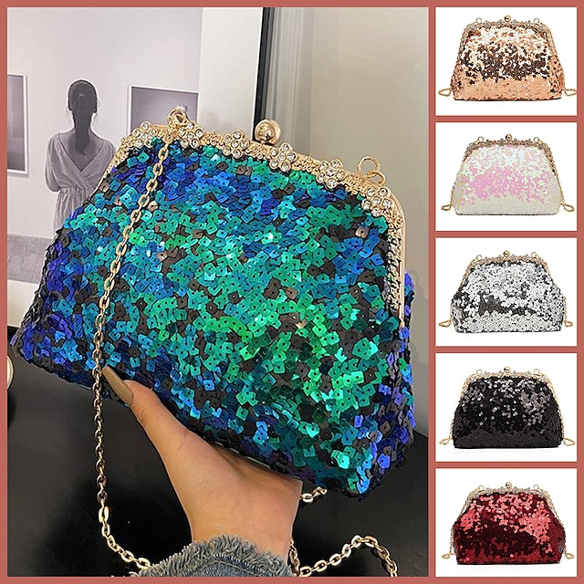  Women's Evening Bag Clutch Bags PU Leather Party Daily Bridal Shower Sequin Chain Durable Silver Black White