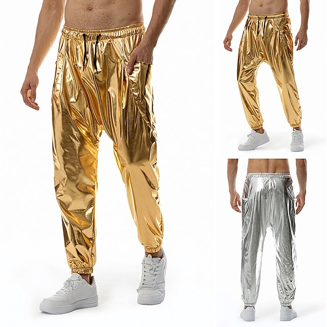  calças masculinas calças cargo calças soltas figurinos de dança hip hop brilhante metálico 1980 prata dourado