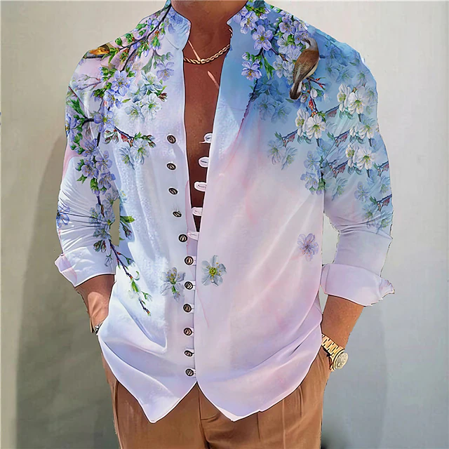 Men's Floral Shirt Button Up Shirt Long Sleeve Fashion Designer Casual Vacation Daily Going out Fall Autumn / Fall Spring & Summer Stand Collar Print Blue Purple Green Gray 5