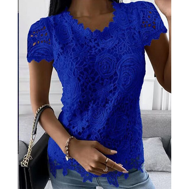 Women's Shirt Blouse Black White Pink Plain Lace Short Sleeve Casual ...