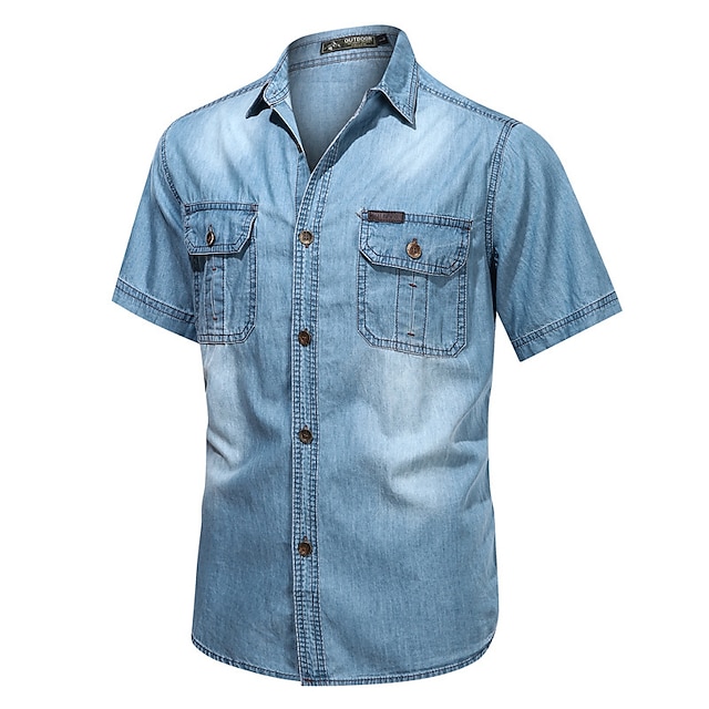  Homens Camisa Social camisa de botão camisa de verão Camisa Jeans Camisa jeans Azul Cinzento Escuro Azul Claro Manga Curta Tecido Aberto para a Lateral Casual Diário Botão para baixo Roupa Algodão