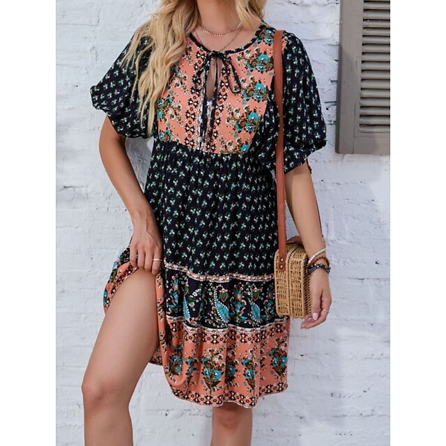  Women's Casual Dress Floral Print Ethnic Dress Summer Dress Crew Neck Lace up Button Mini Dress Holiday Date Fashion Modern Loose Fit Short Sleeve Teal Black Pink Summer Spring S M L XL XXL