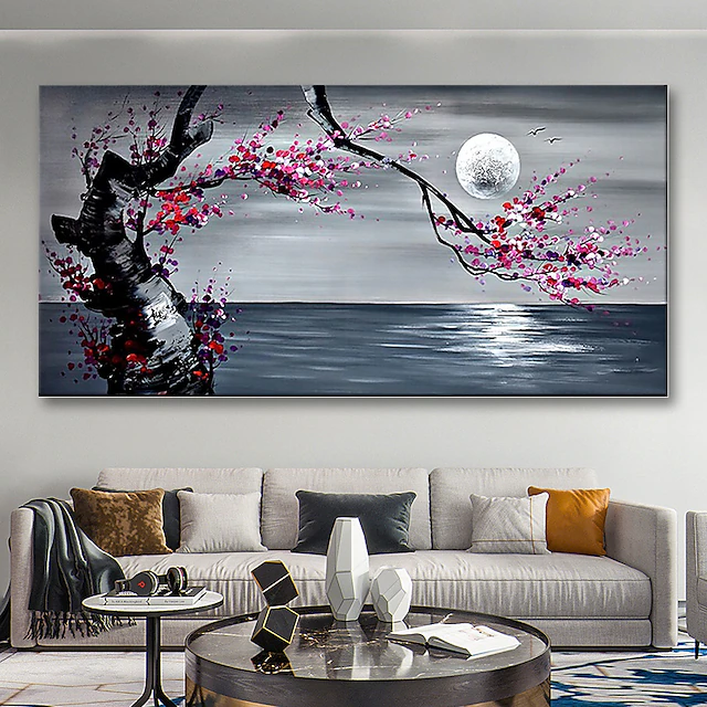 Landscape Oil Painting Hand Painted Wall Art Canvas Vintage Plum Blossom Moon Landscape Floral / Botanical Modern Rolled Canvas (No Frame) 9
