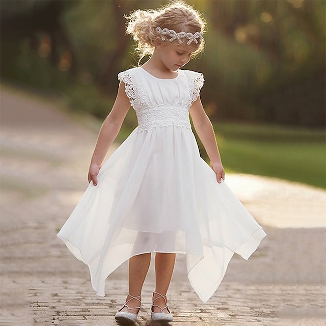  barn flicka spets puffle klänning enfärgad casual prinsessa sjöjungfru klänning utomhus spets rund hals ärmlös vardagsklänning 3-7 år sommar vit