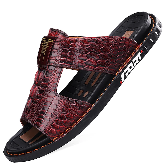 Men's Burgundy Crocodile-Pattern Slide Sandals – Luxury Leather Open-Toe Slippers with Non-Slip Sole for Casual and Summer Wear 19