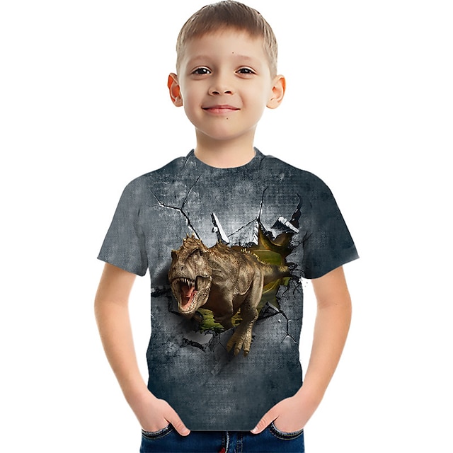  Børn Drenge T-shirt T-shirt Grafisk Dyr Dinosaurus Kortærmet Crewneck Børne Top udendørs 3D-udskrivning Sport Mode Sej Sommer Mørkegrå 3-12 år
