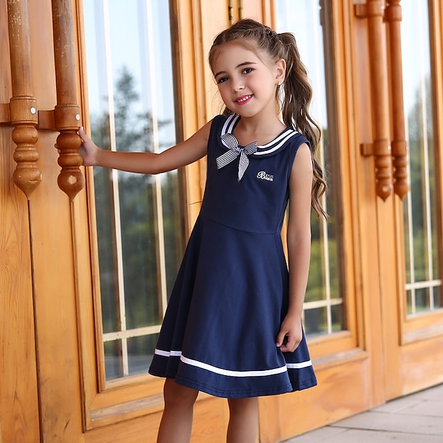 Kids Girls' Sailor Collar Retro Dress Striped Solid Color Tank Dress ...