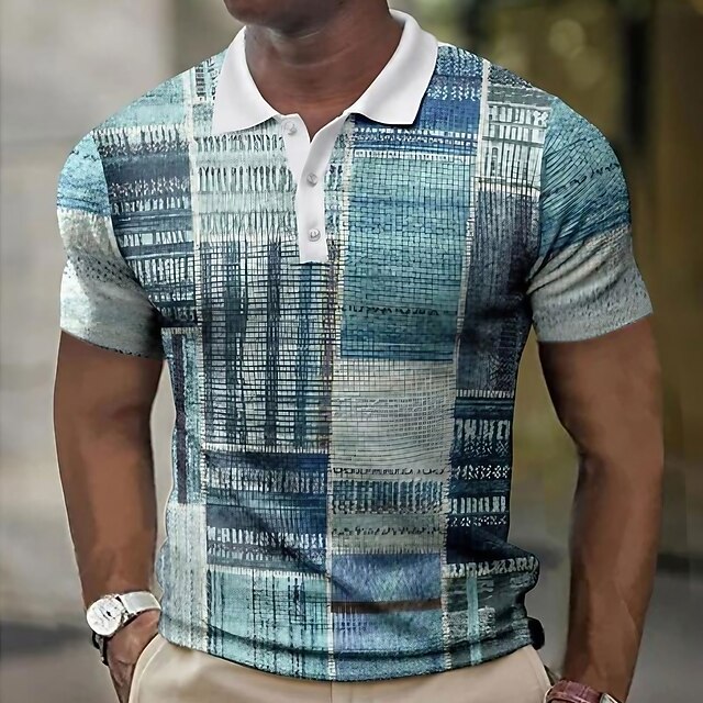 Men's Plaid Waffle Polo Shirts Golf Shirt Short Sleeve Polo Shirts Collared Shirts Vintage Casual Vacation Wear Formal Wear Festival Wear Buttons 3D Print Yellow Blue Brown 6