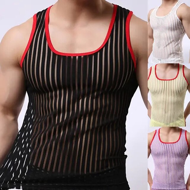 Men's Tank Top Vest Top Undershirt Racer Back Tank Top Sleeveless Scoop Neck Summer Color Block Fashion Streetwear Bodybuilding Fitness Transparent Sports & Outdoor Athleisure Black White Yellow Top4