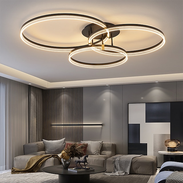  LEDシーリングライト30 + 40 + 50cm 3ライトリングサークルデザイン調光可能なアルミニウム塗装仕上げ豪華でモダンなスタイルのダイニングルームの寝室のペンダントランプ110-240vはリモコンでのみ調光可能