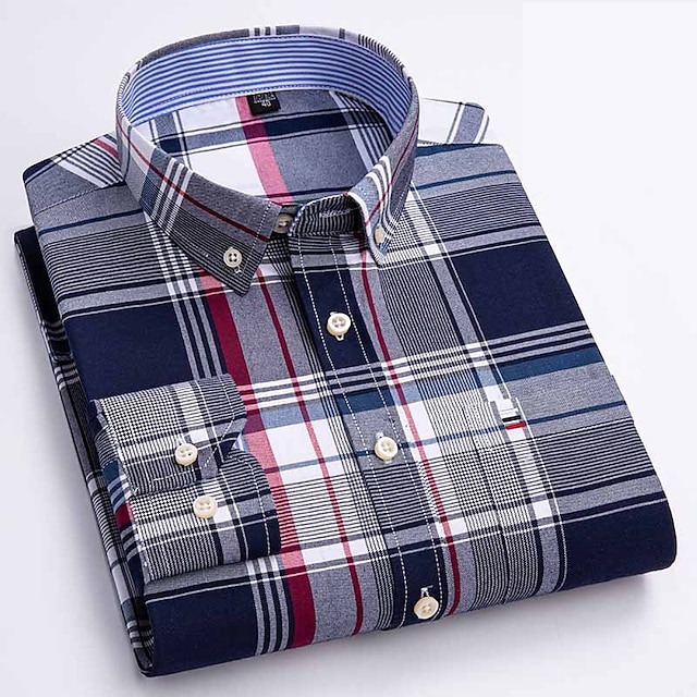  Men's Dress Shirt Button Down Shirt Non Iron Shirt Oxford Shirt Stripes and Plaid Wedding Vacation grey blue Red Blue Brown Long Sleeve Turndown All Seasons Clothing Apparel Button-Down