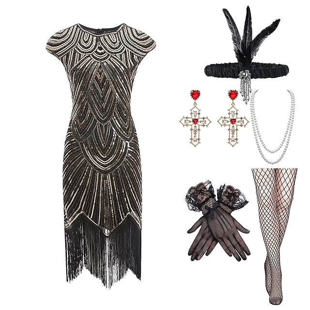  Φόρεμα gatsby flapper της δεκαετίας του 1920 με σετ αξεσουάρ της δεκαετίας του 20 γυναικείες παγιέτες κοστούμι με φούντα κρόσσια ρετρό vintage cosplay party & βραδινό κοκτέιλ φόρεμα