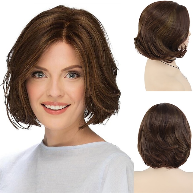  Women Short Wigs Synthetic Hair Mix Brown Hairstyle Curly Wigs Bob Mommy Wig Natural Highlight Wigs with SIde Bangs