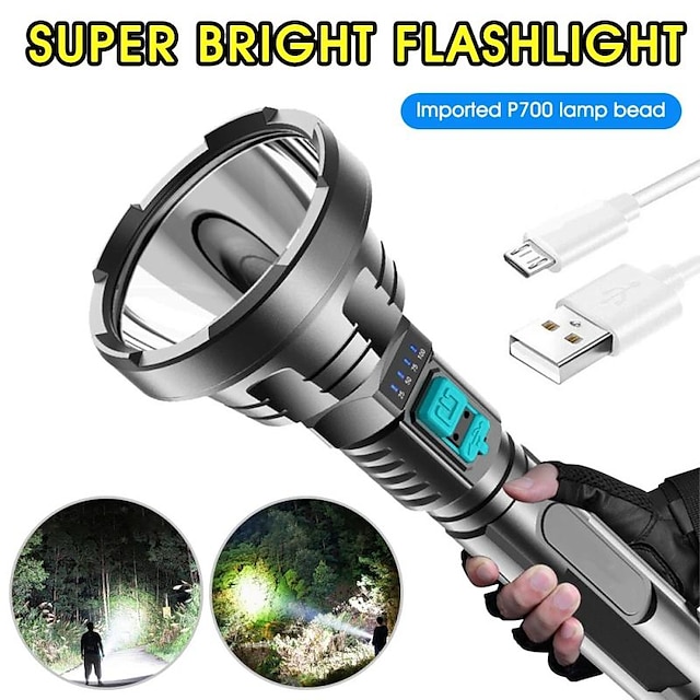  Big Strong Light LED Flashlight USB Rechargeable Tactical Hunting Flashlight Built-in Battery Flash Light