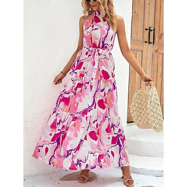  Women's Casual Dress Swing Dress Sundress Long Dress Maxi Dress Fashion Bohemian Color Block Ruffle Print Outdoor Daily Holiday Halter Sleeveless Dress Regular Fit Pink Summer Spring S M L XL