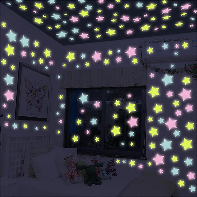  100 buc/pachet autocolante de perete luminoase stele 3d care strălucesc în întuneric pentru copii camere de bebeluși dormitor tavan decor acasă autocolante fluorescente cu stele
