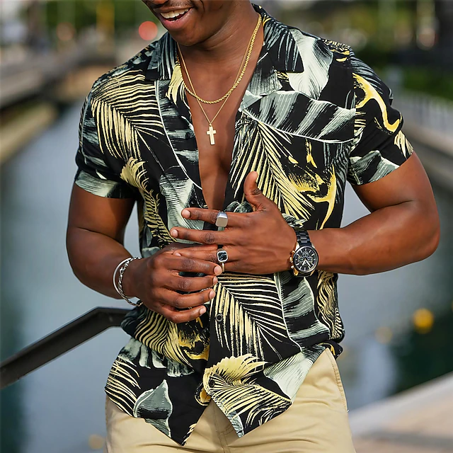 Men's Leaves Tropical Plants Shirt Summer Hawaiian Shirt Aloha Shirt Short Sleeve Shirt Cuban Collar Sports Fashion Streetwear Outdoor Casual Hawaiian Black Yellow Red S M L 7