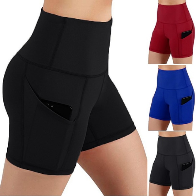  Women's Running Shorts Gym Shorts Side Pockets with Phone Pocket Bottoms Athletic Athleisure Tummy Control Butt Lift Breathable Fitness Gym Workout Marathon Sportswear Activewear Solid Colored Black