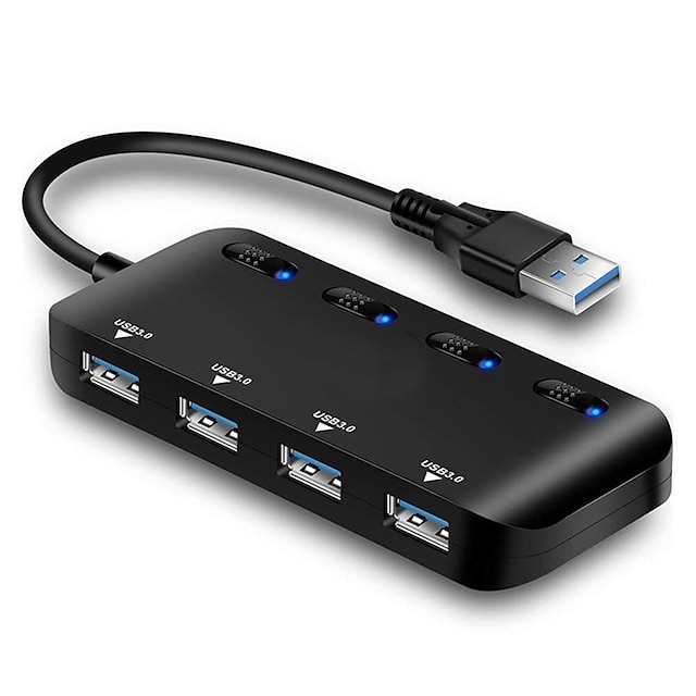  4-Port USB 3.0 Hub with Individual LED Power Switches Portable Data Hub Compatible Transfer Splitter