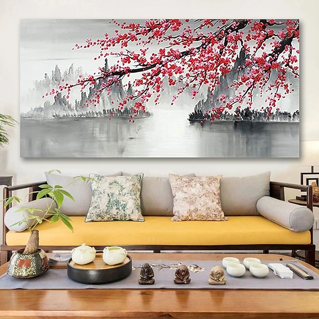  oljemålning 100 % handgjord handmålad väggkonst på duk traditionell kinesisk plommonblomning svartvitt landskap abstrakt modern heminredning dekor rullad duk med sträckt ram