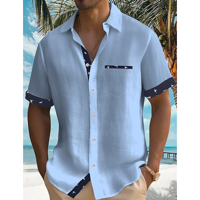  Men's Linen Shirt Summer Shirt Beach Shirt White Blue Green Striped Short Sleeve Spring & Summer Lapel Hawaiian Holiday Clothing Apparel Basic