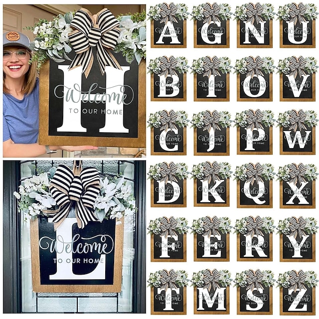 Initial Last Name Year Round Front Door Wreath 2023 Welcome Sign Garland Personalized Creative 26 Letter Farmhouse Wreath for Front Door Spring All Seasons Outside Hanger Decor Gift