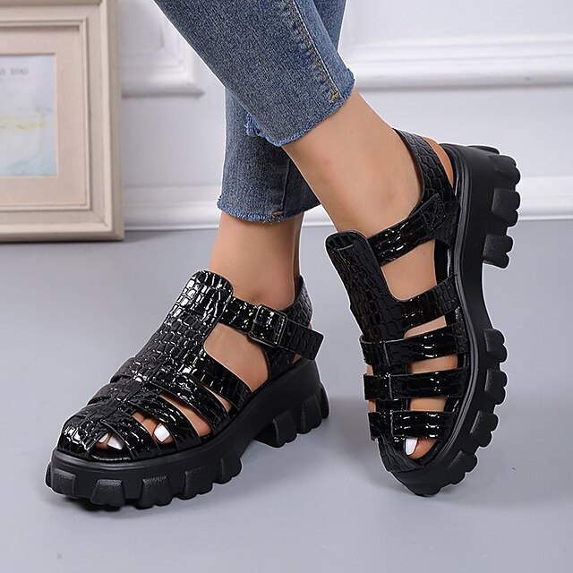  Women's Sandals Platform Sandals Plus Size Outdoor Daily Beach Summer Flat Heel Round Toe Vintage Casual Faux Leather Buckle Solid Color Black White Pink