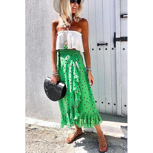  Women's Swing Long Skirt Polyester Maxi Green Skirts Ruffle Print Vacation Beach Long S M L