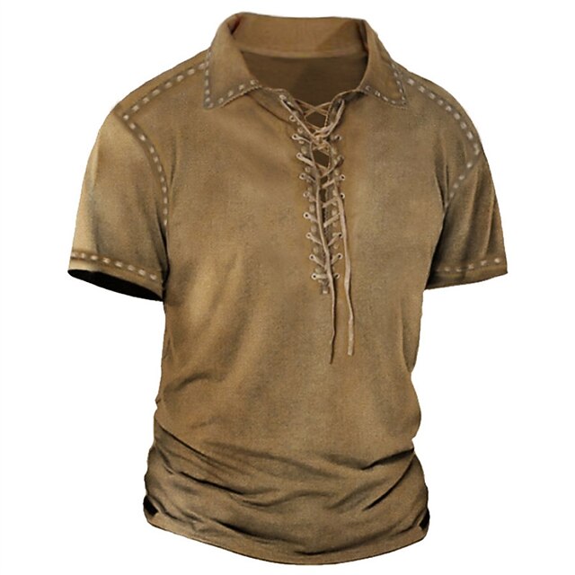 Men's Polo Shirt Golf Shirt Casual Holiday Lapel Short Sleeve Fashion Basic Plain Lace up Summer Regular Fit Brown Polo Shirt2