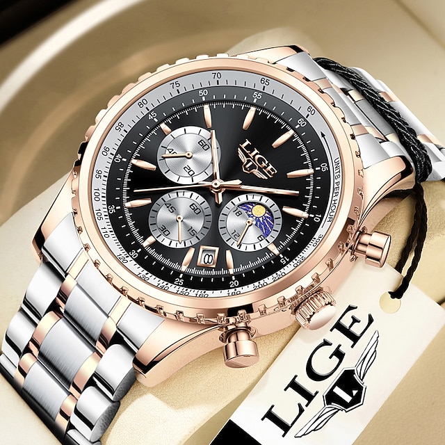  LIGE Women Men Quartz Watch Luxury Casual Wristwatch Analog Moon phase Luminous Stopwatch Calendar Stainless Steel Strap Watch